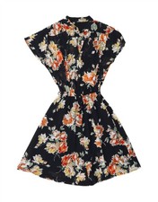 VINTAGE Womens Short Sleeve A-Line Dress UK 12 Medium Navy Blue Floral XB11