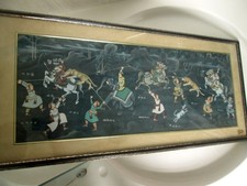 FULL SIZE VINTAGE 20th INDIAN SCHOOL MUGHAL TIGER HUNT ELEPHANT PAINTING ON SILK