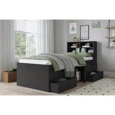 Child Teen Single Bed Frame with Storage and Bookcase Headboard White Black Grey