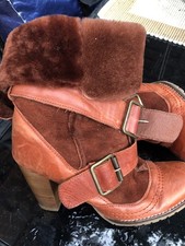 FAITH GENUINE Shearling Sheepskin LEATHER Shoe Biker BOOTS  ORANGE BOOTS 39