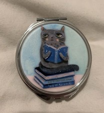 Allend Cat & Books Pill Box with Mirror Small Round Brand New