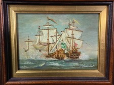 Painting Signed Oil On Panel Marine With Battle Naval Between Galleons Xviie