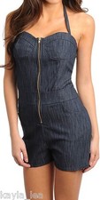 Blue Stretch Denim Zip Front Shorts Romper/Jumper/Cat Suit 1 Piece S/M/L
