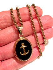 Antique Gold Plated Naval Hope / Memorial Anchor Locket Pendant Thick Link Chain