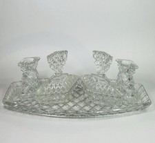 Vintage 5 Piece Clear Cut Glass Art Deco Dressing Table Vanity Set With Tray