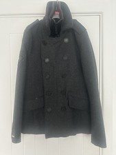 Superdry Navy Label -  Double Breasted Wool Blend Pea Overcoat Men’s Large L