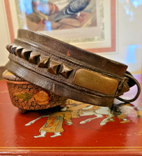 Antique 19th Century Large Leather Mastiff Dog Collar With Brass Studs Nameplate