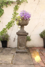 Vintage Urn Column Planter on Plinth Cast Stone Garden Ornament Antique Baroque