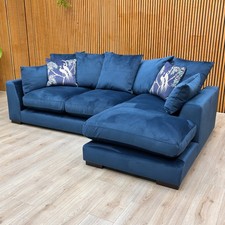 DFS ‘Plush’ Chaise Sofa Blue Velvet Pillow Back Right Small Open End RRP £1300