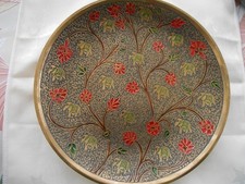 BRASS & ENAMEL  WALL HANGING PLATE DECORATED WITH ELEPHANTS & FLORAL MOTIFS 