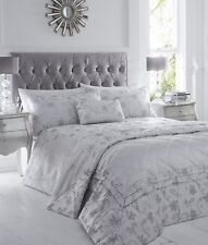 Super King Size Luxury Woven Jacquard Ravina Floral Duvet Cover Set Silver