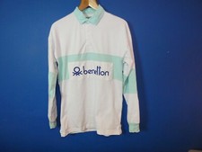 Benetton Rugby Shirt White Aqua   long sleeve polo 80s casual classic Size Small