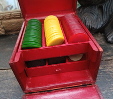 Antique Poker Chips in Red Leather Box With Drawer Bakelite Chips Gambling Games