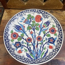 Antique handpainted  Elegant Garden Iznik Tile Plate large collectors plate old 