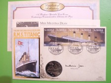 BENHAM COIN COVER TITANIC, LIBERIA $5 SIGNED TITANIC SURVIVOR MILLVINA DEAN