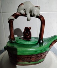 Majolica Teapot With Pottery Cat On Handle Looking Down At Mouse