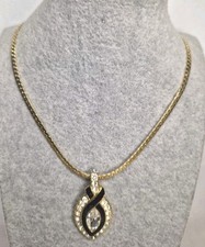 Vintage Gold Toned Necklace With Black Pendant Signed TRIFARI