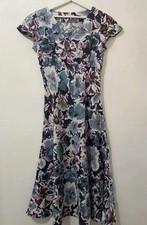 EAST Dress UK 10 100% Linen Blue Purple Floral V Neck Short Sleeves