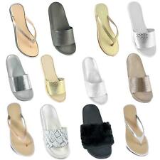 Ladies Designer Diamante Metallic Sliders Mule Flip Flops Summer Sandals Beach