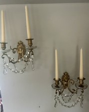 PAIR Antique FRENCH  BRASS AND GLASS  wall candle sconces
