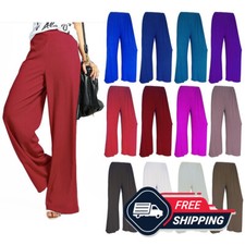Womens Plain Palazzo Trousers Ladies Baggy Soft Flared Wide Leg Pants UK 8-26