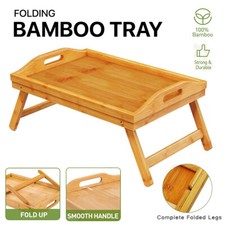 BAMBOO WOODEN LAP SERVING TRAY WITH FOLDING LEG BREAKFAST FOOD TRAY TABLE