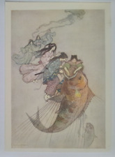 SAMURAI & GIANT KOI CARP FISH - 1923 Vintage Japanese Art Nouveau Print