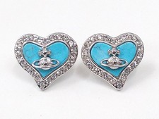 Vivienne Westwood Heart Stud Earrings Crystal Turquoise Silver Tone