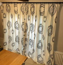 Pair of Long handmade Curtains white with black circle detail with Pencil Pleat