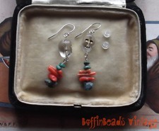BABY SKULLS EARRINGS! USA turquoise & vintage coral beads .925  DAY OF THE DEAD