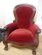 Miniature Highbacked Red Velvet and wood Armchair suitable for Doll or Bear
