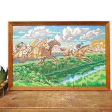 Vintage Horse Racing Painting By Numbers Framed Equestrian Art Picture Wall MCM