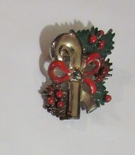 VTG SIGNED RODOX Brooch Pin Gold tone red green enamel Christmas leaf Candy cane