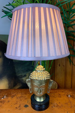 VINTAGE GOLD BRASS BUDDAH HEAD ACCENT STATEMENT TABLE LAMP PLEATED FABRIC SHADE