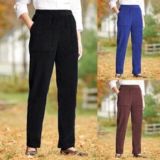 Women Ladies Elastic High Waist Corduroy Pants Casual Loose Pocket Trousers SIZE