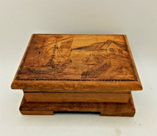 Vintage Small Wooden Box, Hand Carved Jewellery/Trinket Box with Fishing Scene