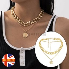Classic Punk Style Layered Coin Pendant Chunky Cuban Chain Gold Choker Necklace