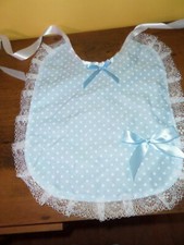 BLUE SPOTTY ADULT BABY SISSY BIB LACE TRIM SATIN TIES PLASTIC BACK  BOW