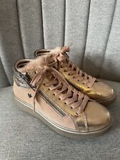 Replay Pink Rose Gold Suede Leather Trainers Boots Shoes Sneaker Size 4 Fur Lace