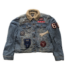 Vintage Superdry Denim Jacket Womens Large Blue Sherpa Patches 60s 70s 80s 90s