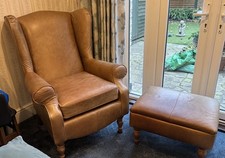 2 x HSL  Leather Chairs and Storage Footstool - Colour: Caramel 