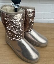 New Primark Boots Rose Gold Sequin Flat UK 8 Pull On Cosy Faux Fur Lined