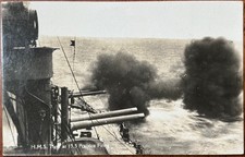 RPPC VIEW BRITISH ROYAL NAVY BATTLESHIP H.M.S TIGER FIRING GUNS AT SEA 1930’s