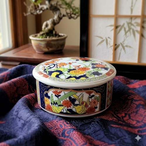 Ornate round china trinket box - trinket,