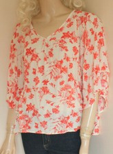 Pleione cream Coral viscose oversized floral print boho v blouse size L/14–16
