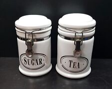 VINTAGE TEA SUGAR WHITE CERAMIC STORAGE CANISTERS JARS AIRTIGHT WITH HINGED LID