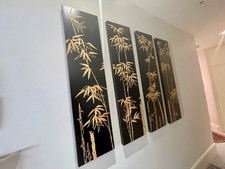 Wall decor wooden black and gold bamboo carving (set of 4)