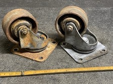 Vintage Heavy Duty Cast Iron Colson Corp Casters (2) 3” Wheels 4x 4 Pad Mount