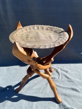 Vintage 3D Carved Wood & Brass Table Top Small Side Coffee Tea Table Decorative