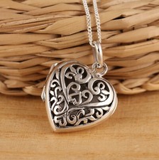 Solid 925 Sterling Silver Filigree Heart Locket Pendant Necklace Gift Boxed